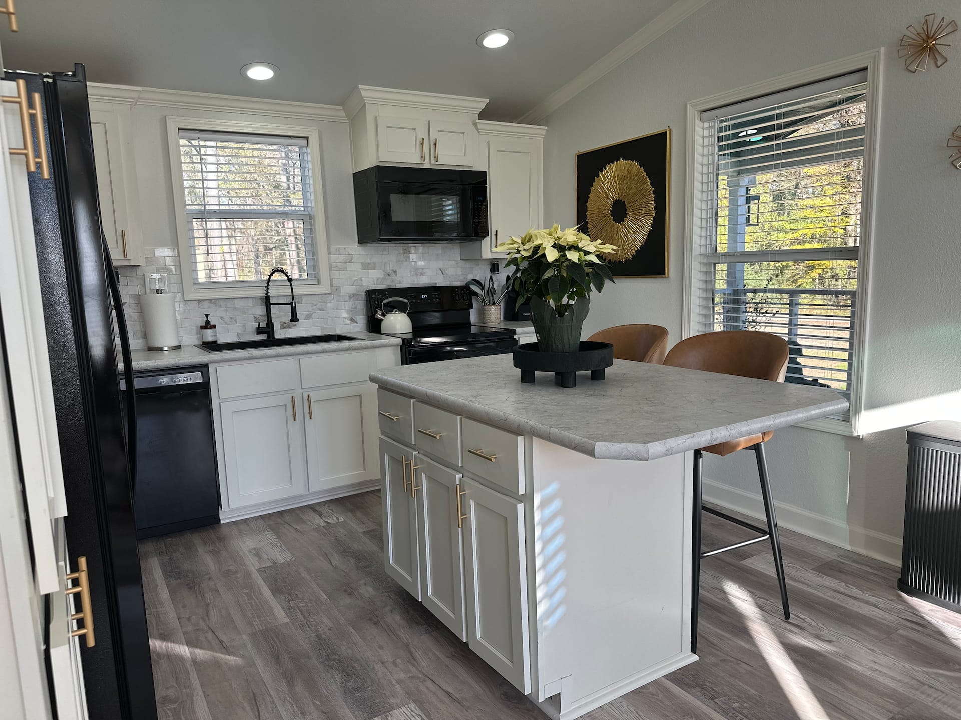 Kitchen counter with espresso machine and coffee setup